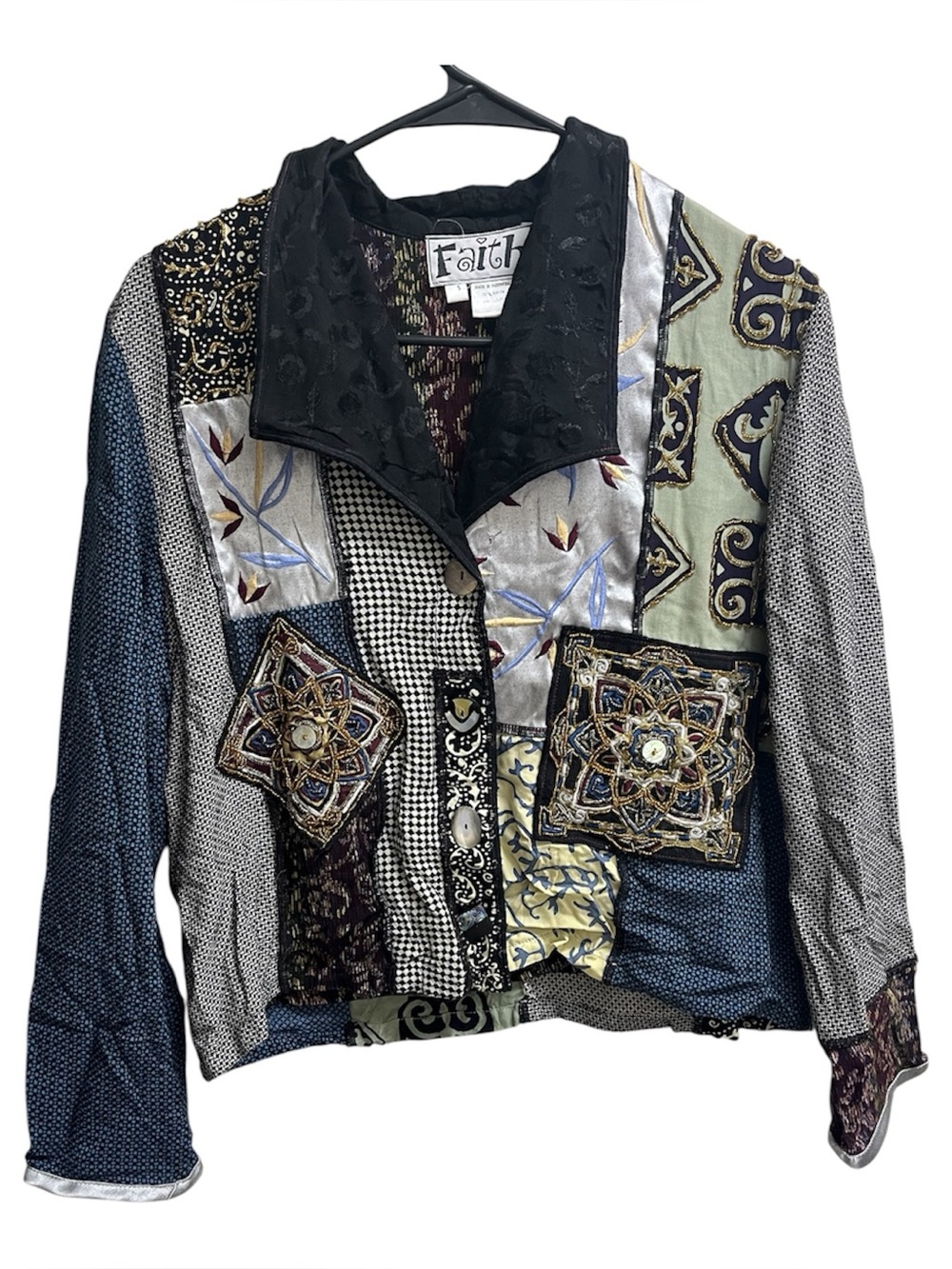 VTG 90s Beaded Patterned Patchwork Art to Wear Button-up Jacket SZ S